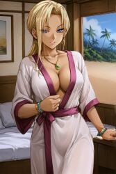 ai_assisted ai_generated attractive beach bedroom_eyes blonde_hair blue_eyes bracelets earrings female gina_benvesta interior kimono kuutei_senki large_breasts long_hair necklace olive_skin palm_trees pendant_necklace ponytail seductive seductive_look seductive_smile sexy smile tan_skin tanned_skin tropical tropical_beach tsurime waist_length_hair