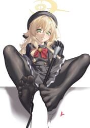 1boy absurdres beret black_coat black_gloves black_hat black_pantyhose black_sailor_collar black_serafuku blonde_hair blue_archive bow bowtie cane censored coat feet female fluffy_hair footjob full_body gloves green_eyes halo hat highres holding holding_cane lamb_ovis legs long_hair looking_at_viewer no_shoes open_clothes open_coat pantyhose penis pov professor_niyaniya_(blue_archive) red_bow red_bowtie sailor_collar school_uniform serafuku side_ahoge sitting smile solo_focus yellow_halo young