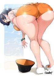 1girls absurdres alternate_costume ass belle_(summer_skies)_(zenless_zone_zero) belle_(zenless_zone_zero) big_ass big_breasts big_thighs black_hat black_nails blue_hair breasts bucket_hat female gigantic_ass gigantic_breasts gigantic_thighs green_eyes hair_ornament hand_on_own_hip hat highleg highleg_panties highres huge_ass huge_breasts huge_thighs large_breasts letter_hair_ornament looking_at_viewer nail_polish official_alternate_costume orange_shorts panties pussy pussy_juice shirt short_hair shorts solo sweat sweatdrop sweating thick_thighs thighs tied_shirt toudori underwear wet_pussy white_background white_shirt yellow_panties zenless_zone_zero
