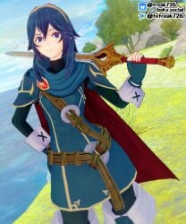 1girls 3d blue_eyes blue_hair boots brand_of_the_exalt breasts cape coast confident day falchion_(fire_emblem) fefreak726 female female_only fingerless_gloves fire_emblem fire_emblem_awakening gloves hair_between_eyes hand_on_own_hip hand_up holding holding_sword holding_weapon long_hair long_sleeves looking_at_viewer lucina_(fire_emblem) nintendo ocean outdoors over_shoulder pantyhose raised_eyebrow shoulder_pads small_breasts smile smug solo standing sweater sword sword_over_shoulder symbol-shaped_pupils thigh_boots tiara tree water weapon weapon_over_shoulder