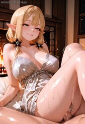 1boy ai_generated babydoll bangs bare_shoulders blonde_hair blush breasts censored cleavage collarbone cum ear elf eyes fair female from golden green green_eyes hair hair_ornament indoors large_breasts long_hair male_pubic_hair mosaic_censoring negligee of patreon_username penis pointy pointy_ears princess pubic_hair pussy sex shiny shiny_skin short sidelocks skin smile solo_focus straight sweat thighs underwear vaginal_penetration window