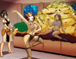 3girls ahsoka_tano_(cosplay) avatar_the_last_airbender bare_nipples belly_dancer belly_dancer_outfit blind braided_ponytail breasts brown_skinned_female crossover damsel_in_distress dancer_outfit dancing_girl disgusted_expression fanning_slave female fishnets harem harem_girl harem_outfit hutt jabba's_palace jabba_the_hutt katara large_breasts makeup multiple_girls oola_(cosplay) scantily_clad slave_bikini slave_collar slave_leia_(cosplay) slave_outfit slavegirl star_wars suki toph_bei_fong tugging_leash wadevezecha