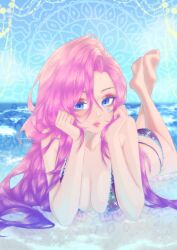 beach bikini blue_eyes league_of_legends lying pink_hair seaside seraphine_(league_of_legends)