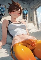 1futa ai_generated balls big_penis brown_hair flaccid futa_only futanari intersex jamesbron large_penis leggings leggings_pull looking_at_viewer navel no_panties overwatch pants_pull penis penis_bulge penis_slip reclining short_hair small_breasts solo solo_futa tank_top teasing_penis tracer wide_hips