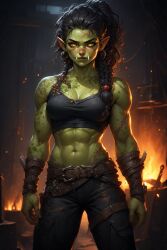 ai_generated black_hair braid braided_hair braided_ponytail breasts clothed clothed_female clothing female female_only forge green-skinned_female green_skin indoors long_hair looking_at_viewer muscular muscular_female orc orc_female orcess safe_for_work seductive_look solo solo_female standing thighs yellow_eyes