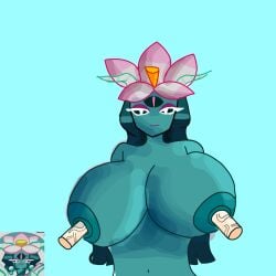barely_smiling breasts cookie_run cookie_run_ovenbreak flower huge_breasts long_hair loose_strand_in_hair lotus lotus_dragon_cookie lotus_dragon_cookie_concept nipple_fuck nipple_penetration sarcastic_smirk? straight_hair teal_skin why why_the_bored_face