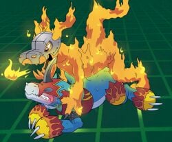 anal anal_sex argon_vile armor ass_up bandai_namco blue_body blush bodily_fluids breath_powers clenched_teeth closed_eyes digimon digimon_(species) dragon duo elemental_creature elemental_manipulation fire fire_breathing fire_creature fire_manipulation flamedramon flaming flarerizamon from_behind_position headgear helmet hi_res male male/male male_penetrated male_penetrating male_penetrating_male mythological_creature mythological_scalie mythology orange_body penetration pinned pinned_to_ground prone_bone_position scalie sex sweat teeth unconvincing_armor