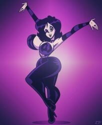 1girls ankh arm_socks arms_up artist_signature bare_shoulders belt big_breasts black_eyes black_hair black_lipstick bodysuit breasts cel_shading character_name chocker cleavage curvy curvy_female curvy_figure extended_arm eyelashes eyeshadow female full_body goth goth_girl high_heels highres leg_up looking_at_viewer mostly_clothed no_bra open_bodysuit original original_character pale-skinned_female pale_skin purple_background rustysh4ckl3ford shaded shiny_clothes shiny_eyes shiny_hair shiny_lips short_hair simple_background smile smiling smiling_at_viewer spread_arms standing thick_thighs tiptoes violetta_ravenwing voluptuous voluptuous_female white_skin wide_hips wink winking winking_at_viewer