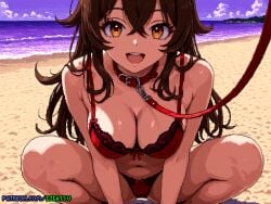 ai_generated amber_(genshin_impact) beach genshin_impact gigatsu leash_and_collar leash_pull lingerie lingerie_only looking_at_viewer outdoors pixel_art seaside seductive squatting submissive submissive_female