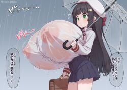 black_hair black_skirt closed_mouth covered_nipples female gigantic_breasts green_eyes handbag miniskirt nipples original pleated_skirt rain solo tagu_c0032 transparent_umbrella wet_shirt white_hat white_shirt