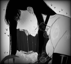 big_breasts black_gloves black_hair blush blushing carrot_011 drool drool_on_face drool_string drooling drooling_into_mouth drooling_onto_other elizabeth_rose_bloodflame fit fit_female hololive hololive_english latex_gloves lesbian_kiss long_gloves long_hair mole mole_under_eye nerissa_ravencroft red_hair toned_female very_long_hair vtuber yuri