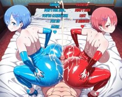 2females ai_generated ass ass_focus ass_grab ass_up astrawaifu big_ass big_breasts big_penis blue_eyes blue_hair breast_grab breasts breasts_out cum cum_drip cum_in_ass cum_on_body cum_on_upper_body embarrassed female happy leggings looking_at_viewer nude nude_female penis_awe penis_in_ass penis_on_butt penis_out penis_size_difference pink_eyes pink_hair ram_(re:zero) re:zero_kara_hajimeru_isekai_seikatsu rem_(re:zero) text thick_ass thick_thighs thighhighs thighs