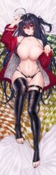 ahoge bangs bare_shoulders bikini bikini_pull black_bikini black_choker black_hair black_legwear blush breasts checkered checkered_background checkered_floor choker cleavage collarbone crossed_bangs dakimakura eyewear_on_head female flag hair_between_eyes jacket large_breasts long_hair looking_at_viewer lying multi-strapped_bikini multiple_straps navel nipples off-shoulder_jacket on_back one_side_up race_queen red_eyes red_jacket sunglasses swimsuit taihou_(azur_lane) thigh_strap thighhighs thighs very_long_hair