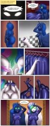 absurd_res alicorn anthro armwear bathing bed big_breasts black_armwear black_body black_clothing black_elbow_gloves black_gloves black_handwear black_latex bodysuit breasts clothed clothed_anthro clothed_female clothing comic cutie_mark dialogue dressing duo elbow_gloves english_text equid equine ethereal_hair ethereal_tail feathered_wings feathers female friendship_is_magic furniture genitals gesture gloves glowing glowing_eyes green_eyes hair handwear hasbro hi_res hooves horn hypnosis latex latex_armwear latex_bodysuit latex_clothing latex_elbow_gloves latex_gloves latex_handwear latex_skinsuit long_hair mammal master mind_control multicolored_hair multicolored_tail my_little_pony mythological_creature mythological_equine mythology nipples nude nude_anthro nude_female pink_nipples princess_celestia_(mlp) princess_luna_(mlp) pussy salute shower showering sibling_(lore) sister_(lore) sisters_(lore) skinsuit speech_bubble story story_in_description syberfab tail text tight_clothing unicorn_horn vulva white_body wings