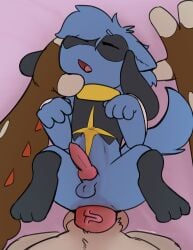absurd_res anal animal_genitalia animal_penis avian bird blue_body blue_fur brown_body brown_feathers canid canine canine_genitalia canine_penis canis decidueye domestic_dog feathers ferris_(ferrissimulator) ferrissimulator fur generation_4_pokemon generation_7_pokemon genitals hi_res looking_pleasured male male/male mammal nintendo owl penis pokemon pokemon_(species) riolu tagme vein