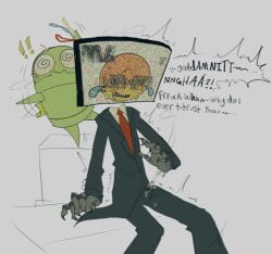 blush bulge bulge_through_clothing comic_page cum cum_in_clothes drooling greedyghoul instant_orgasm non-human obscured_eyes penis r.e.p.o. robot semibot size_difference static tagme taxman_(r.e.p.o.) text tremble_spikes trembling tv tv_head wire wireplay wires