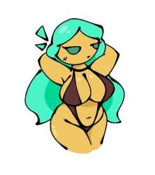 1girls arms_behind_back arms_behind_head arms_up big_breasts bikini breasts brown_bikini cookie cookie_run cookie_run:_tower_of_adventures cookie_run_kingdom cookie_run_ovenbreak female flushed green_eyes green_hair komas97 medium_boobs medium_breasts paladin pistachio_cookie pout solo solo_female thicc thick thighs tummy