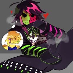1futa 1girls balls black_skin blocky_body blush cupping_balls female forsaken_(roblox) heart jason_(forsaken) jason_voorhees noob_(roblox) nude_male official_alternate_costume pants_down party_noob_(forsaken) penis roblox roblox_game robloxian sabobonds scenecore_jason_(forsaken) steamy_breath tagme watermark yellow_skin