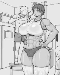 1futa 2boys abs big_breasts bulge bulge_through_clothing bulge_under_clothes fit fit_futa huge_breasts larger_female larger_futa monochrome mostly_clothed muscular muscular_female muscular_futa nia0122 school short_hair size_difference smaller_male sports_bra sports_uniform sportswear tagme tan tan_body tan_skin tank_top tanned tomboy tomboyish