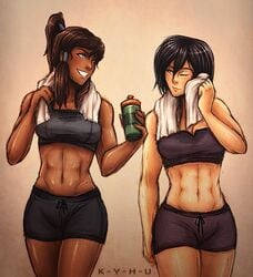 2girls 5_fingers abs after_workout artist_name asian_female athletic attack_on_titan avatar_legends bare_shoulders black_hair blue_eyes bra breasts brown_hair brown_skin brown_skinned_female buff chocolate_and_vanilla clothed clothes clothing color colored crossover dark-skinned_female dark_hair dark_skin eastern_and_western_character eyelashes female female_abs female_only fit fit_female fully_clothed grey_eyes grin gym_shorts hair hair_tubes holding_object hourglass_figure human human_only k-y-h-u korra light-skinned_female light_skin long_hair medium_breasts medium_hair midriff mikasa_ackerman multiple_females multiple_girls muscle muscles muscular muscular_female navel one_eye_closed ponytail short_shorts shorts small_breasts smile smiling smooth_skin sports_bra sportswear standing stomach sweat sweatdrop sweating sweaty sweaty_tomboy teeth the_avatar the_legend_of_korra tied_hair toned toned_female towel walking water_tribe workout_clothes