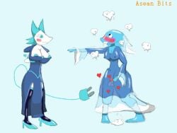 2girls aseanbits big_breasts blue_body cat_ears catgirl deltarune deltarune_chapter_2 deltarune_chapter_4 female female_masturbation miss_mizzle_(deltarune) mizzle_(deltarune) robot_girl see-through see-through_clothing tasque_manager_(deltarune) tasque_manager_(gala_dress)_(deltarune) thick_thighs water water_hair yuri