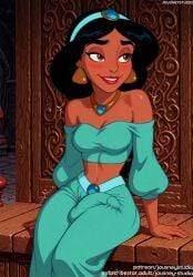 ai_generated aladdin aladdin_(1992_disney_film) aladdin_(disney) aqua_shirt arabian_clothes bare_shoulders black_hair blue_shirt blush breasts brown_eyes bulge cleavage clothing crop_top dark-skinned_female dark_skin disney disney_princess earrings english_text erection erection_under_clothes female female female_only fingernails futanari hairband headwear indoors intersex jasmine jasmine_(aladdin) jewelry jousneystudio lips long_sleeves makeup medium_breasts midriff navel necklace off-shoulder_shirt off_shoulder pants penis princess_jasmine puffy_sleeves shirt sitting smile solo thick_eyebrows thighs tiara trembling