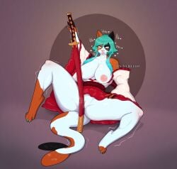 2025 ahe_gao ambiguous_fluids amur_carp anthro asian_clothing carp clothing cyprinid cypriniform east_asian_clothing felid feline female fish fish_tail happy hi_res hybrid japanese_clothing katana kimono koi looking_pleasured lying mammal marine masturbation melee_weapon object_insertion on_back solo spread_legs spreading sword typical_carp verelin weapon