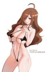 ahoge bikini black_bikini blush breasts brown_eyes brown_hair cowboy_shot female hair_over_one_eye long_hair navel slingshot_swimsuit smile solo swimsuit thighs