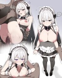 ... 1boy absurdres ahoge apron black_eyes black_thighhighs breasts breasts_out cleavage closed_mouth commission cum cum_in_mouth cum_in_pussy cum_overflow fellatio female grey_hair haembeogeokseu highres holding_another's_wrist large_breasts long_hair looking_at_viewer multiple_views nipples open_mouth oral original paizuri purple_eyes second-party_source sex skindentation spoken_ellipsis thighhighs vaginal_penetration white_apron white_wrist_cuffs wrist_cuffs