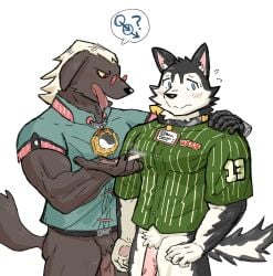 2boys a-shuo_(zenless_zone_zero) absurdres animal_ears bara black_fur blue_shirt blush brown_fur cigarette closed_mouth commentary_request dog_boy dog_ears dog_nose dog_tail flaccid floppy_ears flying_sweatdrops furry furry_male green_shirt hayahaya50 highres howl_(zenless_zone_zero) looking_at_another looking_to_the_side male_focus mars_symbol multicolored_fur multiple_boys muscular muscular_male no_pants open_mouth pawpads penis round_eyewear saliva shirt smile speech_bubble spoken_mars_symbol tail tongue tongue_out veins veiny_penis white_fur zenless_zone_zero