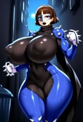 adapted_costume ai_generated alley atlus backlighting bimbo bimbo_body bimbofication bimbofied body_stocking bodystocking bodysuit breasts breasts_bigger_than_head brown_hair cameltoe chest_strap covered_navel covered_nipples dual_wielding eye_mask fighting_stance gigantic_breasts gloves holding holding_object holding_weapon huge_ass huge_breasts impossible_bodysuit impossible_clothes impossible_fit legs_together lipstick makeup makoto_niijima massive_breasts moon moonlight night nipple_bulge novelai persona persona_5 pipes red_eyes scarf shiny_clothes short_hair shoulder_pads skin_tight smile spiked_shoulders tgm101_(artist) thick_lips thick_thighs thin_waist trash_can weapon wide_hips
