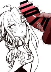 balls censor_bar clothed_female_nude_male dronya jerking jerkingoff labyrinth_of_refrain looking_at_penis morotom0shinaba nippon_ichi_software penis red_penis testicles