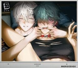 after_sex black_shirt blush blush_lines blushing collar dark_room fingers_in_mouth fucked_silly gay gay_male green_eyes green_hair grey_hair hoyoverse legs_spread legs_up lighter_(zenless_zone_zero) male no_visible_genitalia nori31291404 pale_skin peace_sign photo_(object) ripped_shirt small_dom_big_sub smiling smiling_at_viewer trembling wise_(zenless_zone_zero) yaoi zenless_zone_zero
