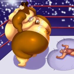 bear big_ass big_belly big_butt butt_crush cinna_(megacoolbear) fainted fat fat_ass fat_butt fat_male fox furry gay megacoolbear_(artist) overweight overweight_male wrestler wrestling wrestling_outfit wrestling_ring