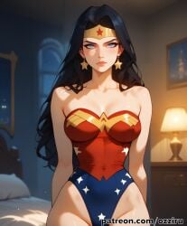 absurd_res ai_generated bed bedroom black_hair dc dc_comics dc_super_hero_girls dcau female female_focus hi_res highres indoors justice_league long_hair ozziru patreon revealing_clothes self_upload superhero superheroine tiara uncensored wonder_woman wonder_woman_(series)