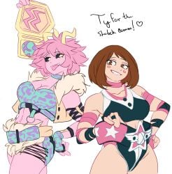 abs armband belly_button big_breasts big_thighs black_sclera blush boku_no_hero_academia breasts brown_eyes brown_hair camo championship_belt cheek_spots choker cleavage commission crop_top elbow_pads eyes_half_open fur fur_pelt gloves hand_on_butt hand_on_hip head_tilt hi_res holic_fz horns hot_pants jacket laced_pants legs looking_at_viewer midriff mina_ashido my_hero_academia ochako_uraraka pink_hair pink_skin short_hair simple_background smile spandex spandex_shorts spiky_hair thick_thighs thigh_squish thighs tongue tongue_out voluptuous white_background wrestler wrestling_outfit wrist_tape yellow_eyes