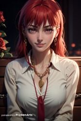 1girls ai_generated artist_name bench breasts chains chainsaw_man cleavage collarbone collared_shirt earrings eyelashes flower gold_earrings hi_res hoop_earrings jewelry large_breasts lips long_hair long_sleeves looking_at_viewer makima_(chainsaw_man) medium_breasts necklace necktie nose parted_lips patreon_username progenarts red_eyes red_flower red_hair red_necktie red_rose rose shirt sitting smile solo upper_body web_address white_shirt