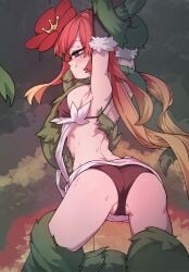 2d 2d_(artwork) armpits arms_up back_view bikini black_bikini blue_eyes female forced_oral nipple_bulge plant_tentacle pussy pussy_lips questionable_consent red_hair sole_female sweat tartarie tentacle tentacle_around_arm tentacle_around_leg tentacle_bondage tentacle_in_mouth tentacle_sex tongue_out tongue_out_blowjob traptrix traptrix_rafflesia twintails yu-gi-oh!