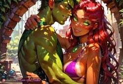ai_generated arms_around_partner bangs beach beast_boy beast_boy_(teen_titans) bigger_male blush blush couple couple_(romantic) green_eyes green_eyeshadow hand_on_breast hugging large_breasts makeup manofmidas purple_bikini red_hair seaside starfire starfire_(teen_titans) teen_titans