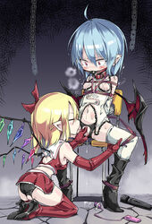 2girls bat_wings blonde_hair blue_hair bondage chains chair female femdom flandre_scarlet hair_ribbon incest kneeling multiple_girls noya_makoto pointy_ears red_eyes red_legwear remilia_scarlet restrained ribbon siblings sisters sitting spread_legs thighhighs tied_up touhou white_legwear wings yuri