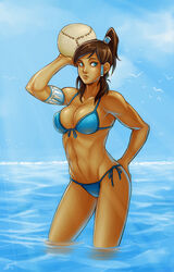 1girls avatar_legends ball beach_ball bikini clothes dark-skinned_female dark_skin female female_only frostious human korra medium_breasts ocean seagulls solo straight_hair swimsuit the_avatar the_legend_of_korra water water_tribe