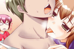 ! !! 1boy 2girls angry bare_shoulders blush breath brown_hair bust clenched_teeth collarbone couple green_eyes green_hair half-closed_eyes head_out_of_frame hug jealous licking licking_neck long_hair looking_at_another moaning multiple_girls naughty_face nishi_koutarou open_clothes open_mouth open_shirt original pink_hair saliva saliva_trail shirt short_hair sweat t-shirt tears teeth tongue tongue_out trembling undressing