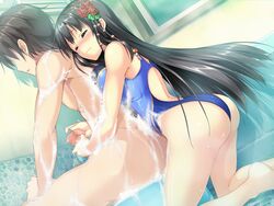 barefoot black_hair blush breasts censored closed_eyes erect! female game_cg hair_ornament long_hair penis piromizu swimsuit trinity_euphoria wet