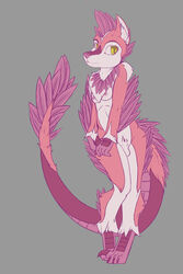 2013 anthro balls breasts canine canine cute dickgirl dinosaur feathers fur husky hybrid intersex looking_at_viewer nipples nude pink_fur plain_background pose raptor scalie schitzofox sheath solo yellow_eyes