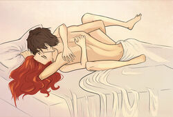 1boy 1girls bed closed_eyes female harry_potter in_bed james_potter light-skinned_female light-skinned_male light_skin lily_evans male mashach missionary red_hair romantic sex straight