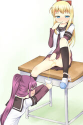 2girls :d blonde_hair blue_eyes blush bow clothing cup desk embarrassed female long_hair multiple_girls open_mouth panties panties_around_leg peeing peeing_in_container peeing_in_cup piss pissing ponytail purple_hair school_uniform serafuku smile sugiura_ayano tied_hair toshinou_kyouko underwear urine yuri yuru_yuri