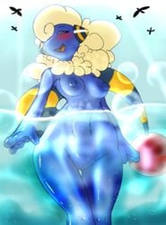 2014 4_fingers :d anthro anthrofied avian bird blush breasts bubble caprine closed_eyes color dark-moltres day eyelashes female fur happy hi_res mareep navel nintendo nipples nude open_mouth outdoors pokemon pussy sea shadow sheep shiny sky smile solo standing tongue video_games water wet