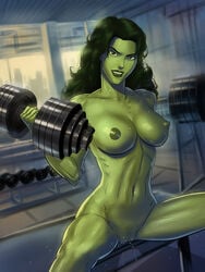 1girls areola avengers big_breasts breasts dumbbell exercise female female_only green_eyes green_hair green_skin gym hulk_(series) long_hair marvel marvel_comics muscles muscular muscular_female navel nipples nude pubic_hair pussy_juice she-hulk sitting solo sunsetriders7 sweat toned toned_female workout