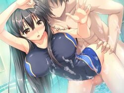 1boy against_glass aqua_background arched_back black_hair blush breasts brown_eyes censored competition_swimsuit dutch_angle erect! faceless faceless_male female game_cg large_breasts long_hair nipples one-piece_swimsuit penis piromizu pool straight swimsuit trinity_euphoria wet