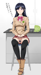 black_hair blush female female kakumeiki_valvrave long_hair looking_at_viewer no_panties pubic_hair purple_eyes pussy rukino_saki school_uniform shoujo_donburi sitting solo thighhighs uncensored upskirt